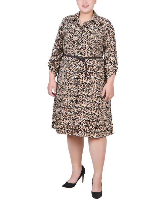 Printed Abstract Women Dress for a Modern and Artistic AppealPlus Size 3/4 Roll Tab Sleeve Shirtdress