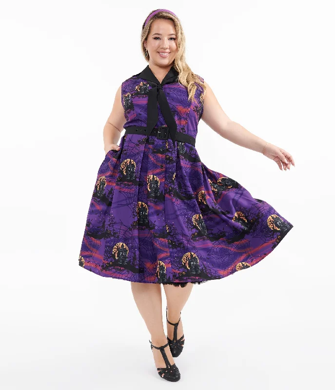 Halter Neck Women Dress to Show Off the Shoulders and NecklineUnique Vintage Plus Size 1950s Purple Halloween Print Edith Swing Dress