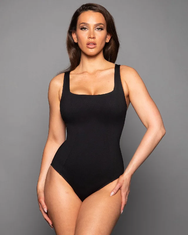 Plus - size women swimwear with full - coverage bottoms for comfort and confidenceSquarey - Black