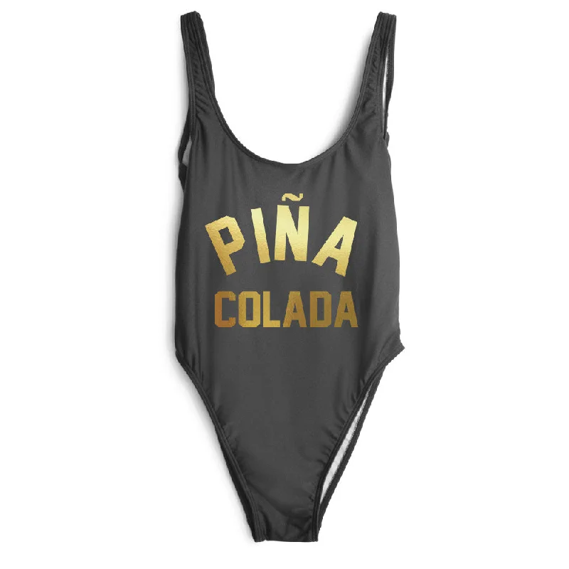 Metallic women swimwear with a shiny finish for a glamorous poolside lookPINA COLADA [SWIMSUIT // GOLD TEXT]