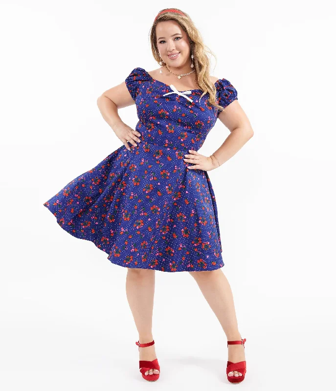 Plus Size Women Dress with a Flattering A - Line Cut for Comfort and Style1950s Collectif Plus Size Blue & Mixed Berries Print Dolores Mini Dress