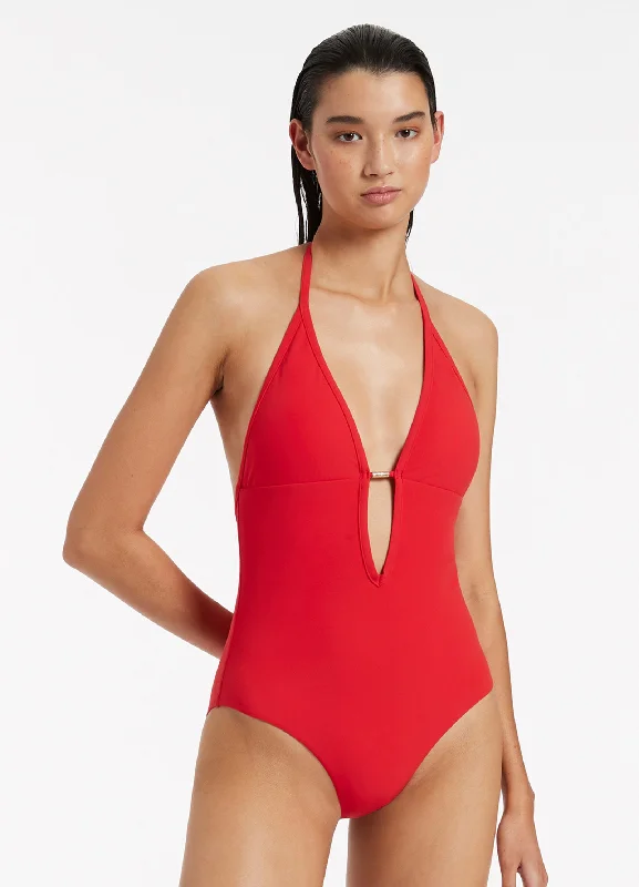 Sustainable women swimwear made from recycled materials for eco - conscious beachgoersJetset Plunge One Piece - Cherry