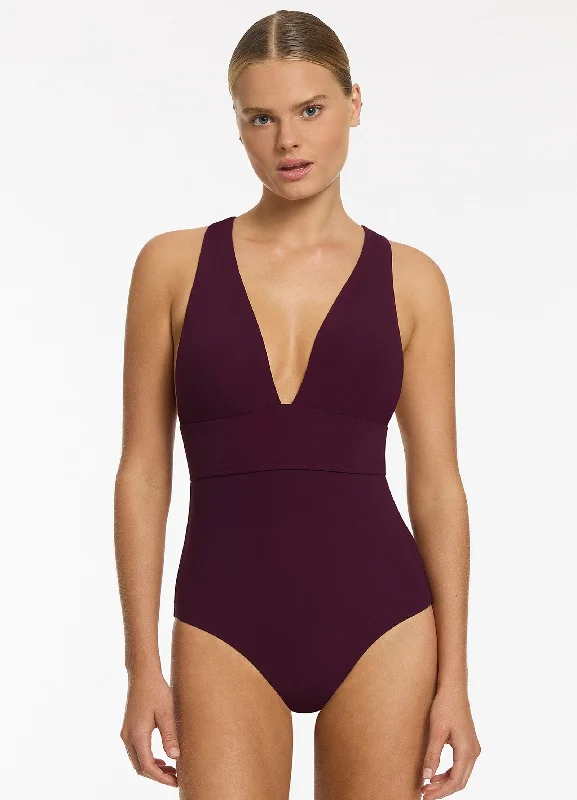 Plus - size women swimwear with full - coverage bottoms for comfort and confidenceJetset Plunge Tie Back One Piece - Port