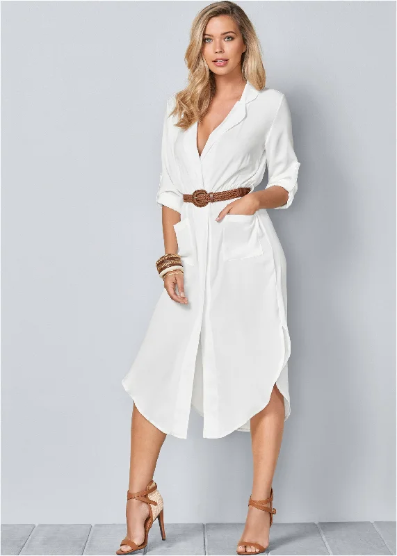 Ball Gown Women Dress with a Full Skirt for a Princess - like LookBelted Midi Shirt Dress - White