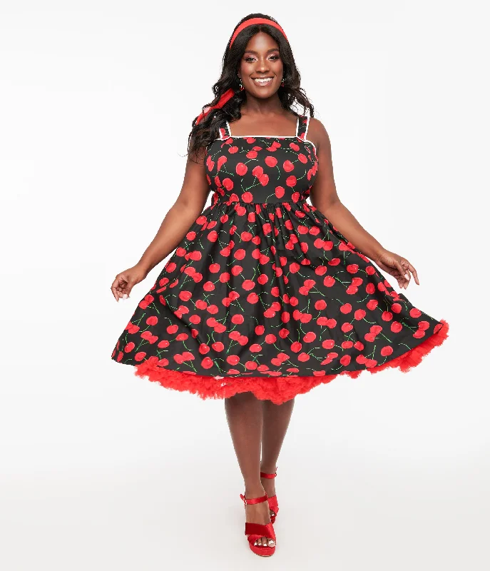 Pleated Women Dress with a Timeless and Elegant TextureUnique Vintage Plus Size 1950s Black & Cherry Print Cotton Pinafore Swing Dress