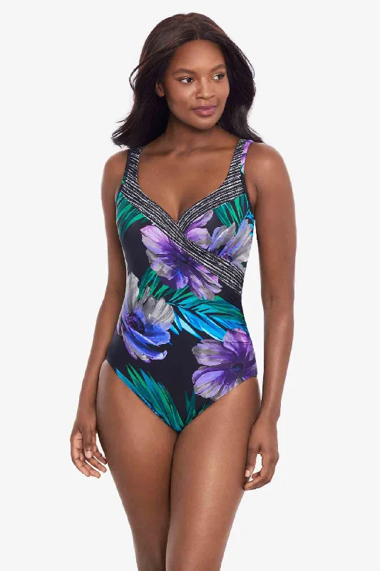 Printed floral women swimwear for a feminine and colorful beach vibeFlora Aura It's A Wrap One Piece Swimsuit