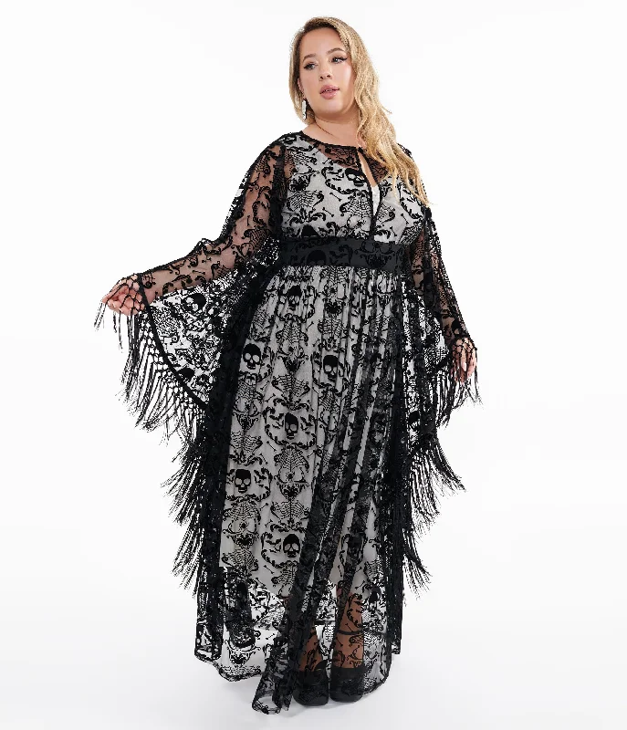 Pleated Women Dress with a Timeless and Elegant TextureUnique Vintage Plus Size 1960s Black Baroque Skull Burnout Fringe Flutter Sleeve Caftan