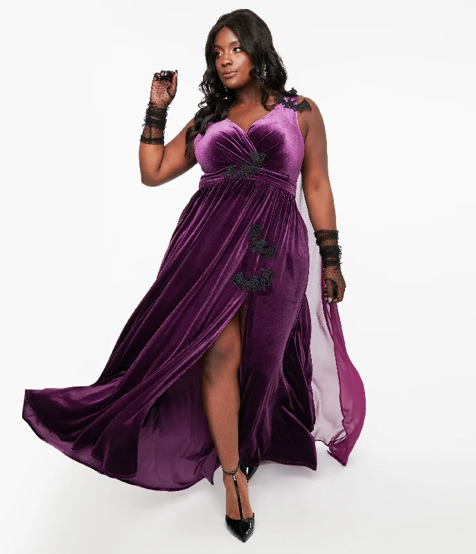 Long - Sleeve Women Dress in Velvet for a Luxurious Winter LookUnique Vintage Plus Size Eggplant & Black Bat Velvet Cape Gown