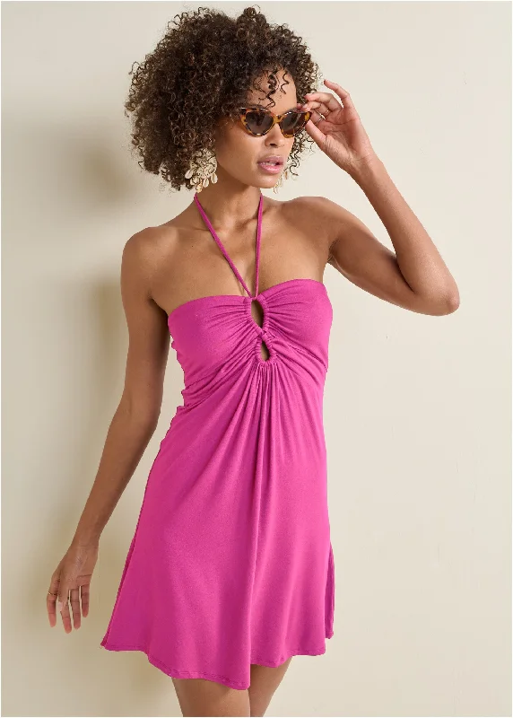 Strapless Women Dress with a Built - in Bra for Comfort and SupportCasual Halter Keyhole Dress - Fuchsia