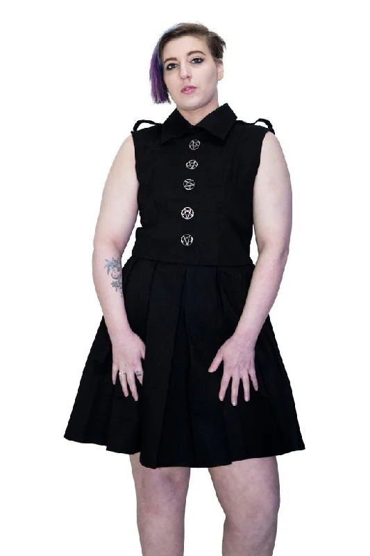 Plus Size Women Dress with a Flattering A - Line Cut for Comfort and StyleOccult Silver Pentagram Buttons Black Plus Size Midi Dress - Hattie