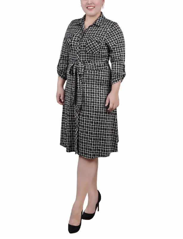 Strapless Women Dress with a Built - in Bra for Comfort and SupportPlus Size 3/4 Slv Roll Tab Shirtdress