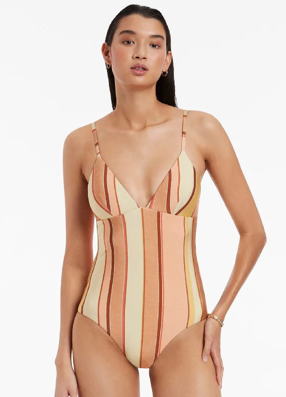 Tropical - print women swimwear for a vacation - ready beach styleFira Stripe V-Neckline One Piece - Marigold