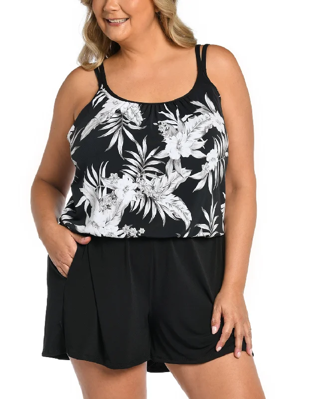 Tropical - print women swimwear for a vacation - ready beach style2024 Maxine of Hollywood Tropic Paradise Swim Romper - Mw4dh45