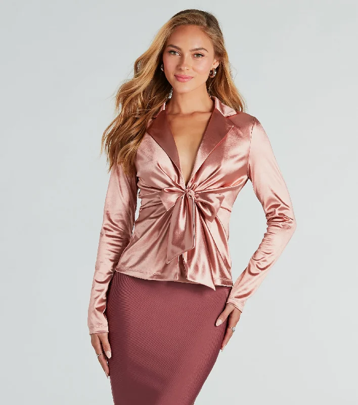 Mock Neck Women Long Sleeve Top for a Modern AestheticBiz Chic Satin Tie-Front Blazer