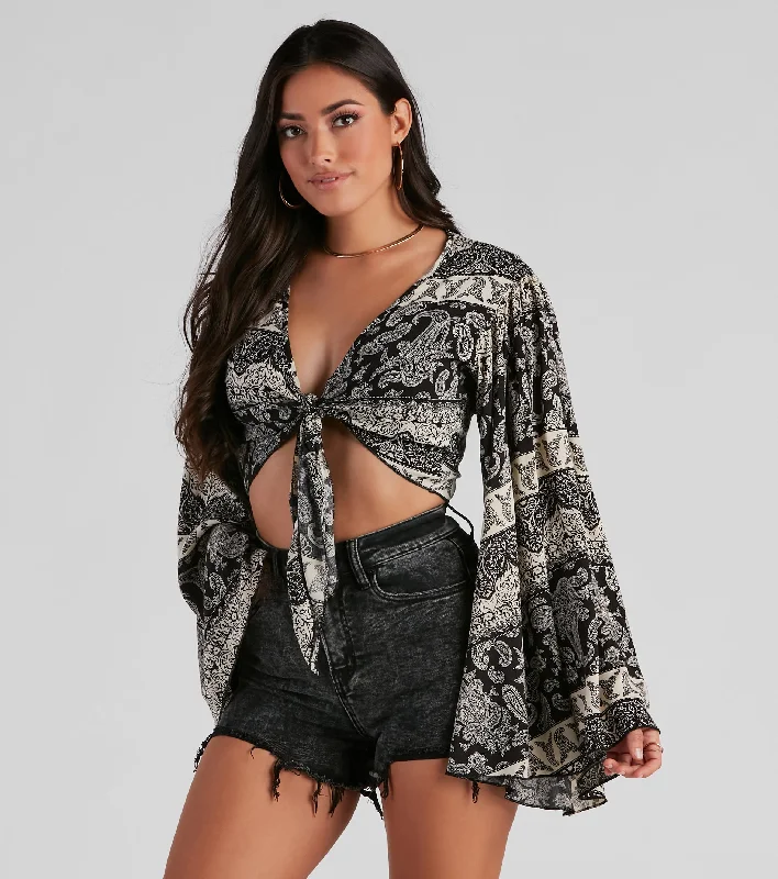 Ribbed Women Long Sleeve Top with a Textured AppealSo Breezy Paisley Tie-Front Top