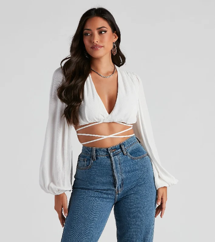 Wrap - Style Women Long Sleeve Top for a Versatile FitHeat Wave Gauze Wrap Tie Crop Top