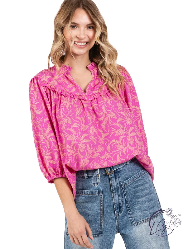 Metallic Accent Women Long Sleeve Top for a Glamorous LookPink Wave Ruffle Blouse