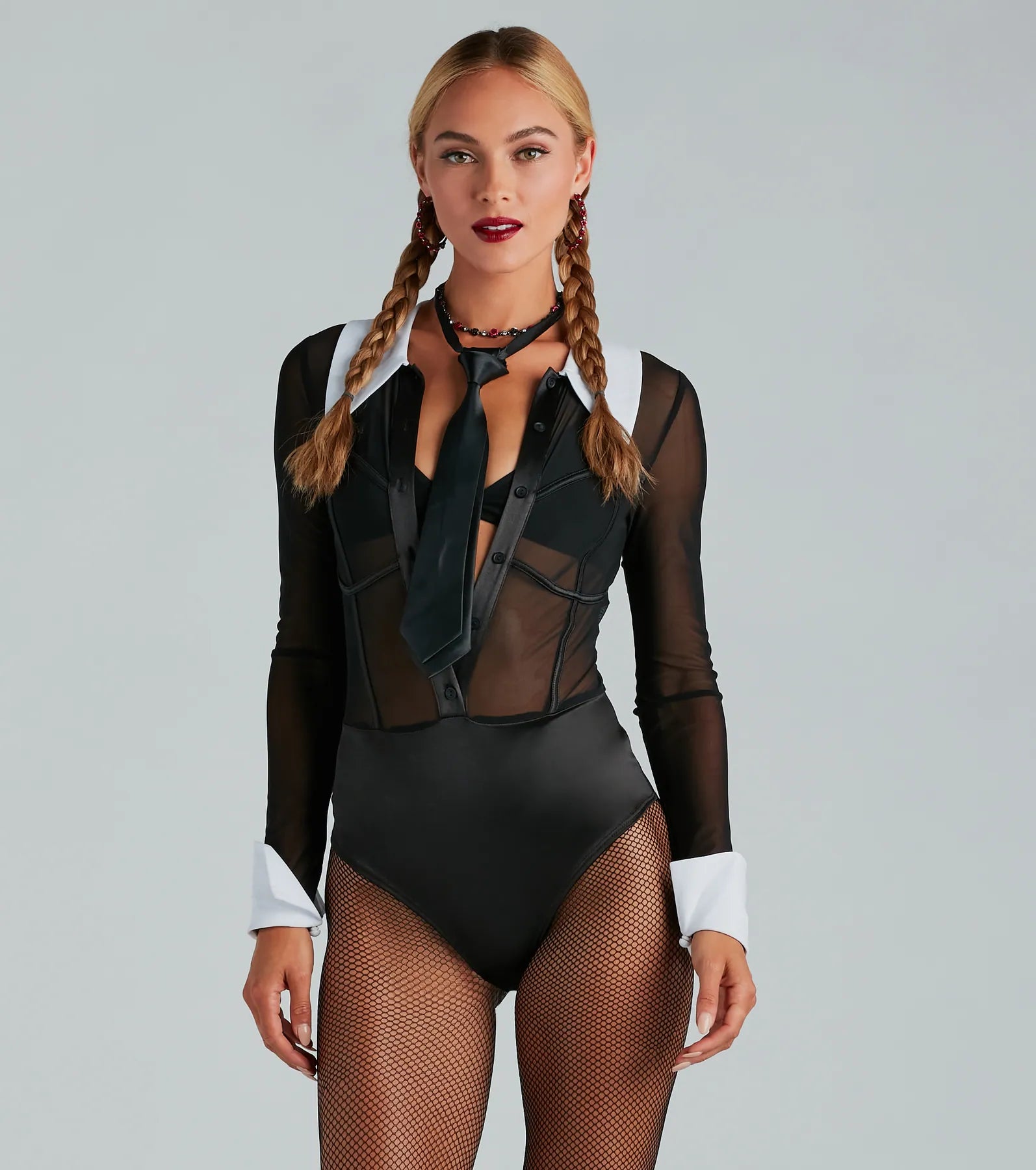 Cable - Knit Women Long Sleeve Top with a Cozy TextureGothic-Prep Cutie Mesh Collared Tie Bodysuit