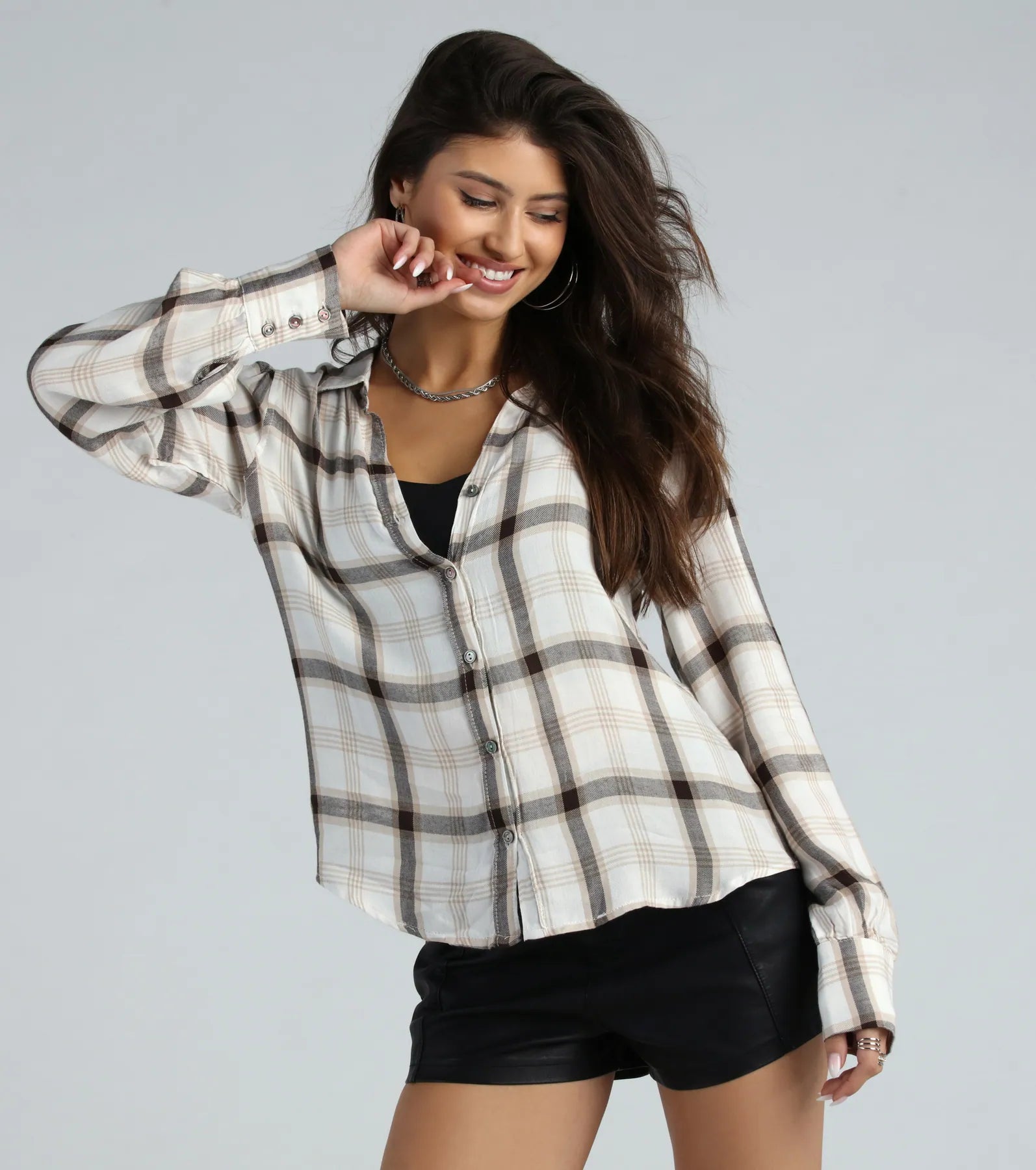 Ruffled Cuff Women Long Sleeve Top with a Feminine TouchDays In Plaid Button Down Shirt Top