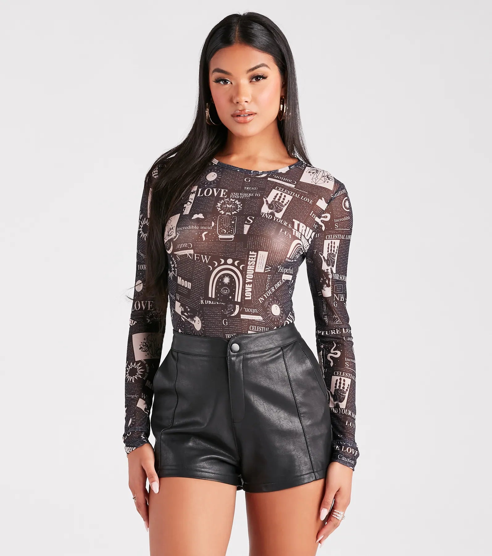 Cropped Women Long Sleeve Top to Pair with High - Waisted BottomsMust Be Fate Mesh Celestial Newsprint Bodysuit