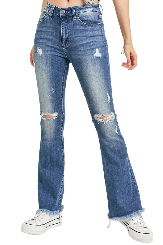 Flare Distressed Knee High Rise Jean In Medium Wash