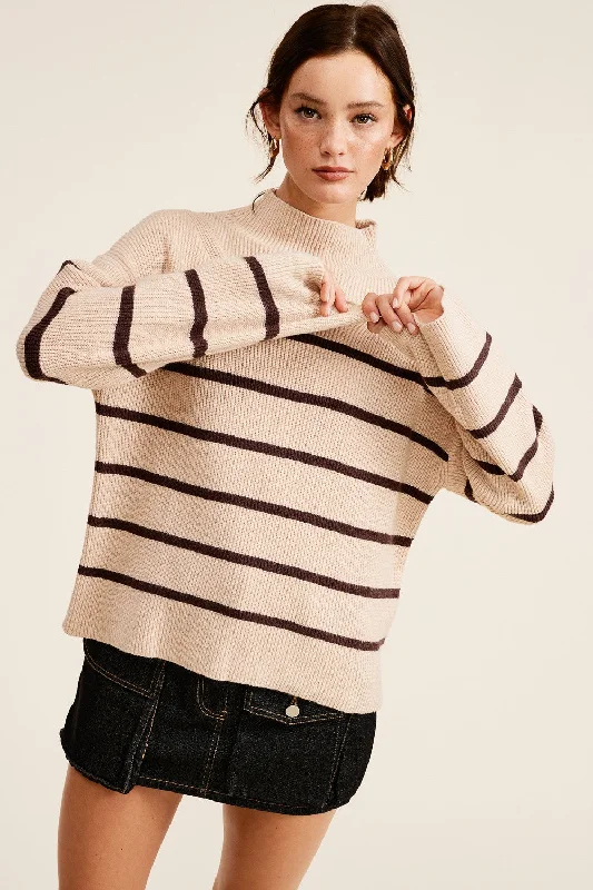 V - Neck Women Sweater to Elongate the NecklineBeige Striped Mock Neck Sweater