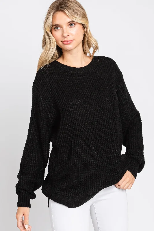 Hooded Women Sweater for Added Comfort and StyleBlack Waffle Knit Round Hem Sweater