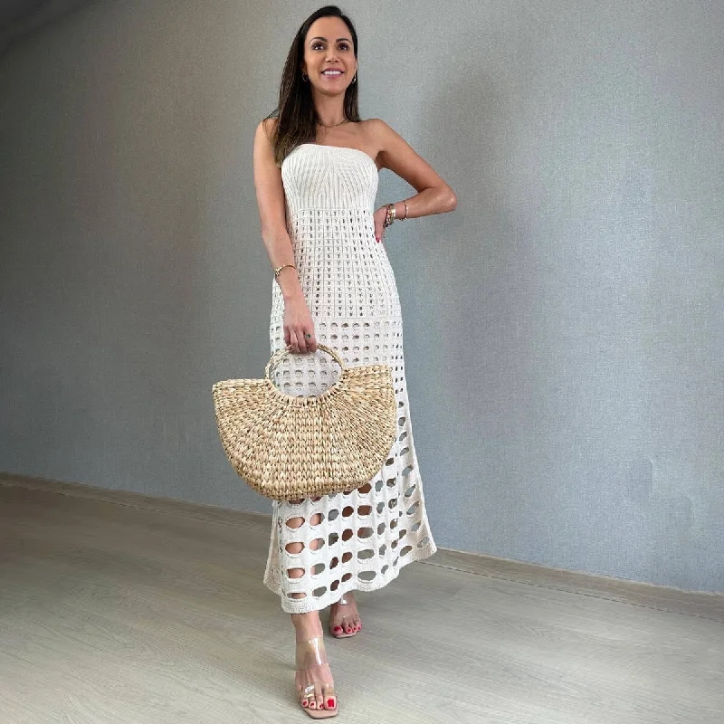 Color - Blocked Women Sweater for a Bold Fashion StatementBoho Style Ribbed Strapless Openwork Fishtail Crochet Knit Maxi Dress