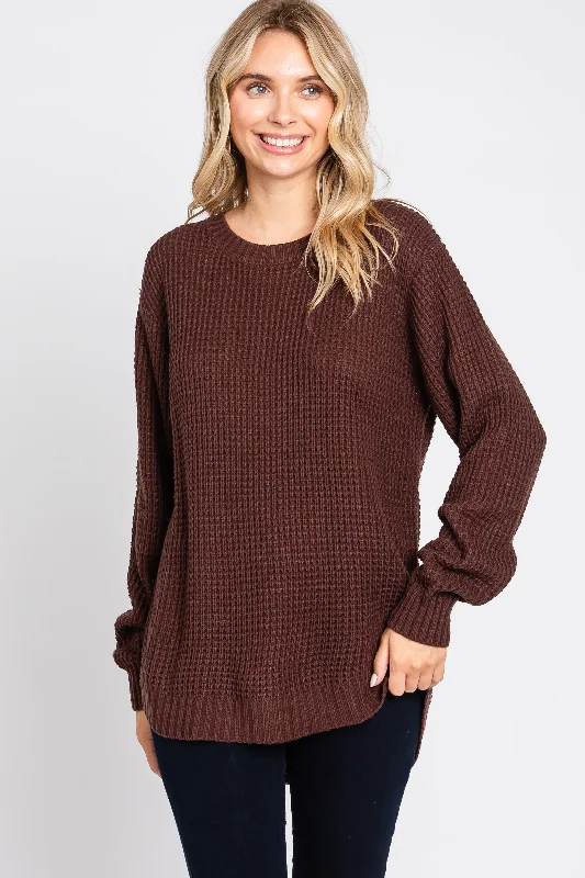 Cropped Women Sweater to Pair with High - Waisted BottomsBrown Waffle Knit Round Hem Sweater