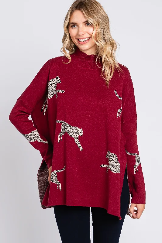 Lightweight Women Sweater for Spring and FallBurgundy Animal Print Side Slit Sweater