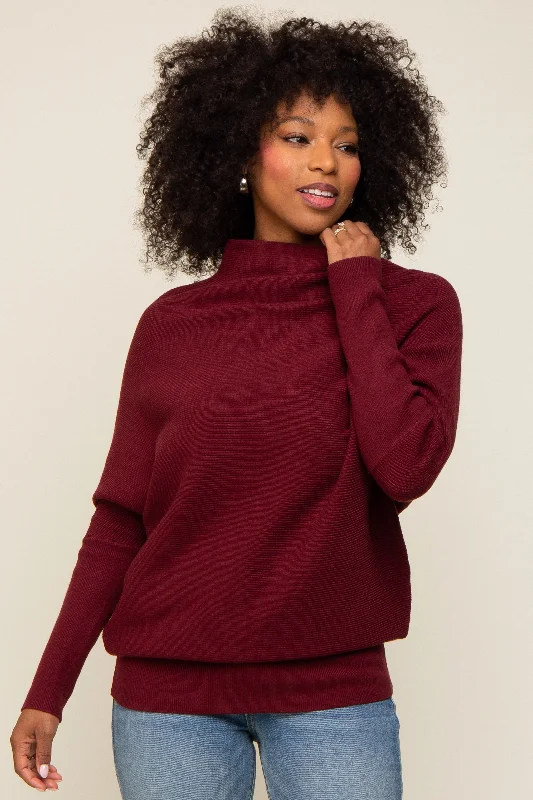 Sequin - Embellished Women Sweater for Special OccasionsBurgundy Funnel Neck Dolman Sleeve Sweater