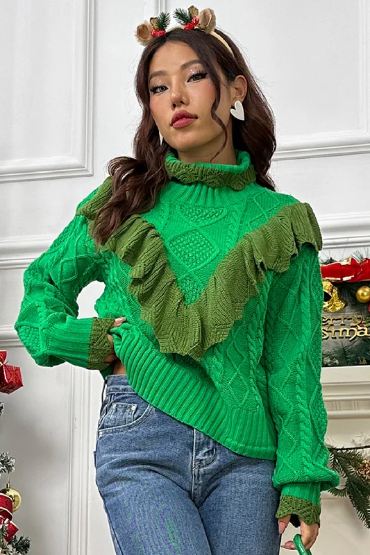 Color - Blocked Women Sweater for a Bold Fashion StatementCable-Knit Ruffled Mock Neck Lantern Sleeve Sweater