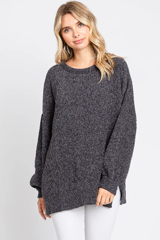 Open - Front Women Sweater for Easy LayeringCharcoal Chenille Knit Balloon Sleeve Sweater