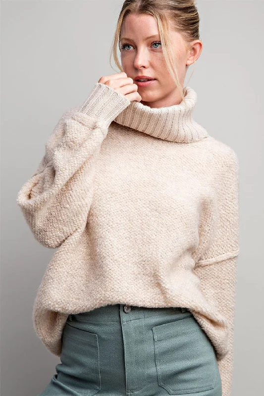 Cable - Knit Women Sweater with Intricate PatternsCream Turtleneck Boucle Sweater