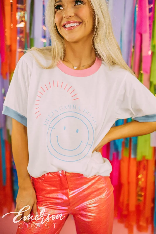 Embroidered Women T Shirt with Intricate DetailsDelta Gamma Philanthropy Do Good Smiley Face Colorblock Ringer