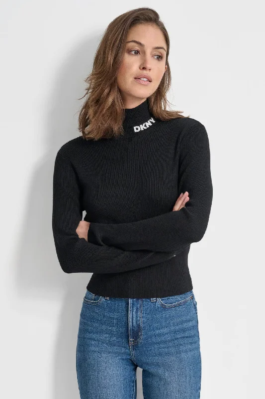 Button - Down Women Sweater for a Versatile LookRIB LOGO MOCK NECK