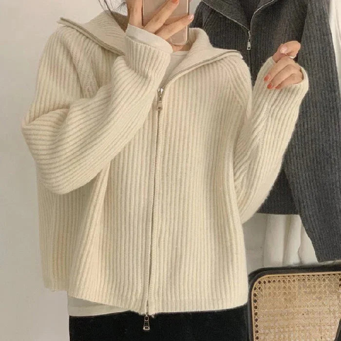 Cropped Women Sweater to Pair with High - Waisted BottomsDouble Zipper Lapel Polo Neck Turtleneck Sweater    S2748