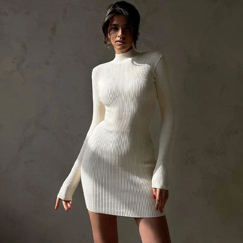 Plus - Size Women Sweater with a Flattering FitFlattering High Neck Long Sleeve Bodycon Mini Rib White Knit Sweater Dress