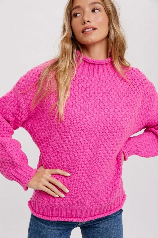 Plus - Size Women Sweater with a Flattering FitFuchsia Chunky Knit Mock Neck Sweater