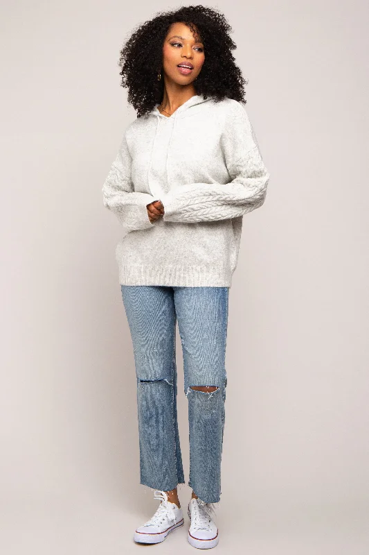 Cropped Women Sweater to Pair with High - Waisted BottomsGrey Mixed Knit Hooded Sweater