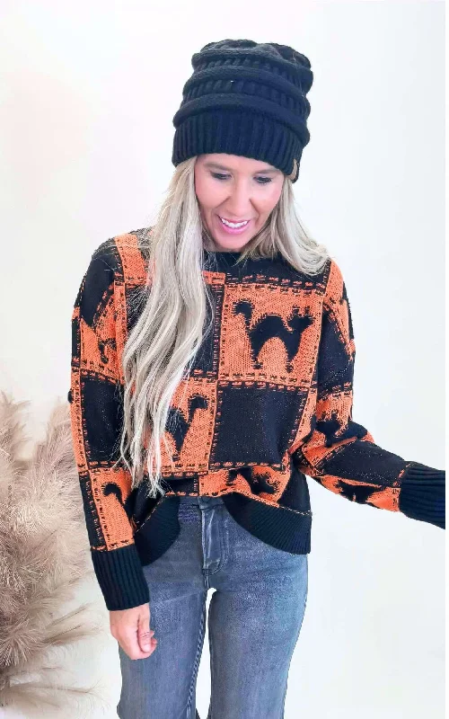 Hand - Knitted Women Sweater with Artisanal CharmHalloween Black Cat Square Pattern Loose Fit Sweater - Final Sale