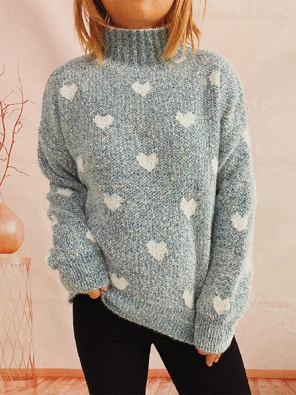 Sequin - Embellished Women Sweater for Special OccasionsHeart Heathered Turtleneck Drop Shoulder Sweater