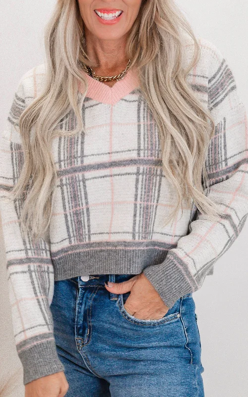 Long - Sleeve Women Sweater with Ribbed CuffsHeather Grey Plaid V-Neck Sweater