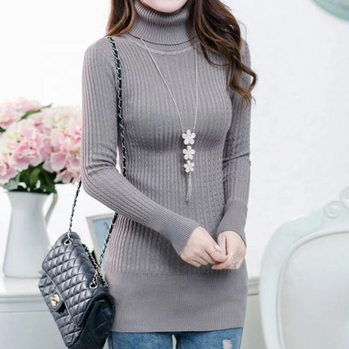 Long - Sleeve Women Sweater with Ribbed CuffsHot Sale Korean Style Turn-Down Collar Sexy Women Cable Knitted Long Sweater