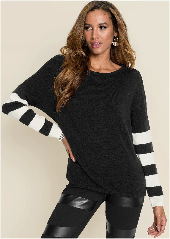 Button - Down Women Sweater for a Versatile LookStripe Sleeve Sweater - Black & White