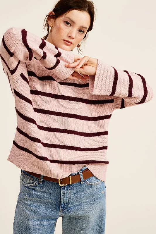 Button - Down Women Sweater for a Versatile LookLight Pink Striped Mock Neck Sweater