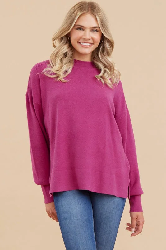 Color - Blocked Women Sweater for a Bold Fashion StatementMagenta Knit Mock Neck Long Sleeve Top