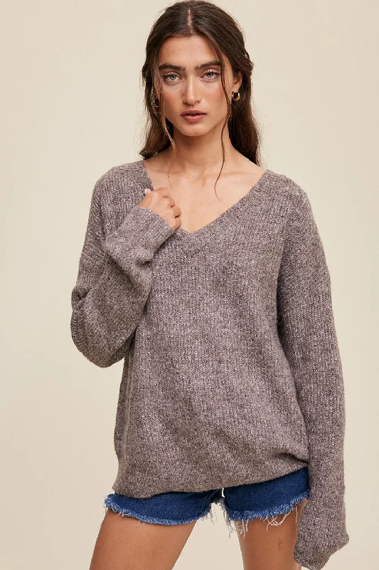 V - Neck Women Sweater to Elongate the NecklineMocha V-Neck Relaxed Fit Sweater