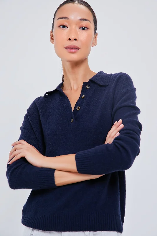 Cropped Women Sweater to Pair with High - Waisted BottomsNavy Cashmere Cassidy Polo Sweater