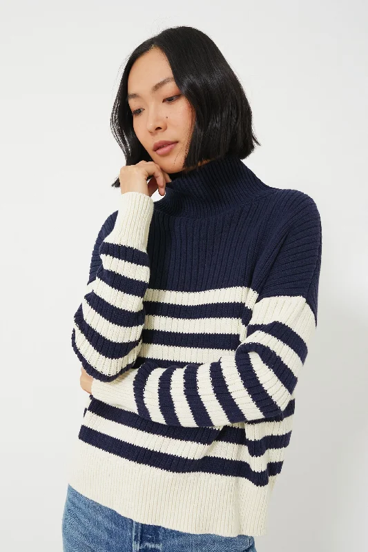 Hand - Knitted Women Sweater with Artisanal CharmNavy Colorblock Stripe Organic Carolyn Funnel Neck Sweater